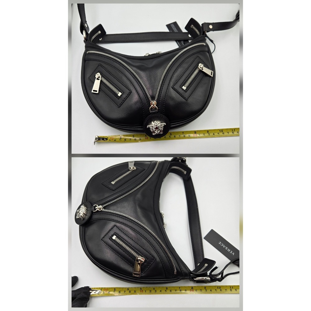 NWT Versace Repeat Small Hobo Bag Black Leather Medusa Biker Zipper - Picture 9 of 10